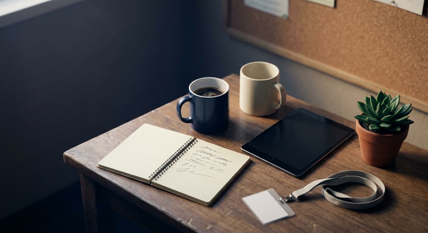 An intake desk with two coffee mugs, an open notebook, a closed tablet, a blank lanyard badge, and a succulent