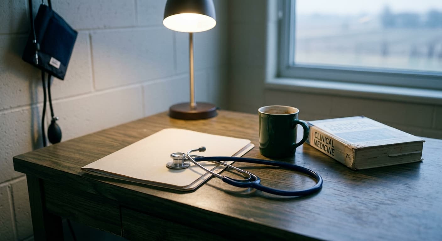 A worn wooden exam-room desk with a stethoscope, patient folder, warm lamp, and a reference book