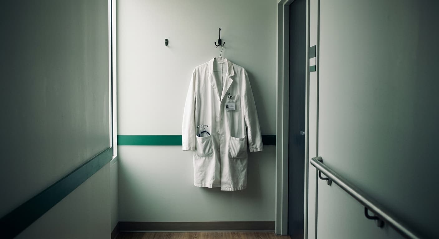 A clinician's white coat hanging on a hook beside a clinic corridor door