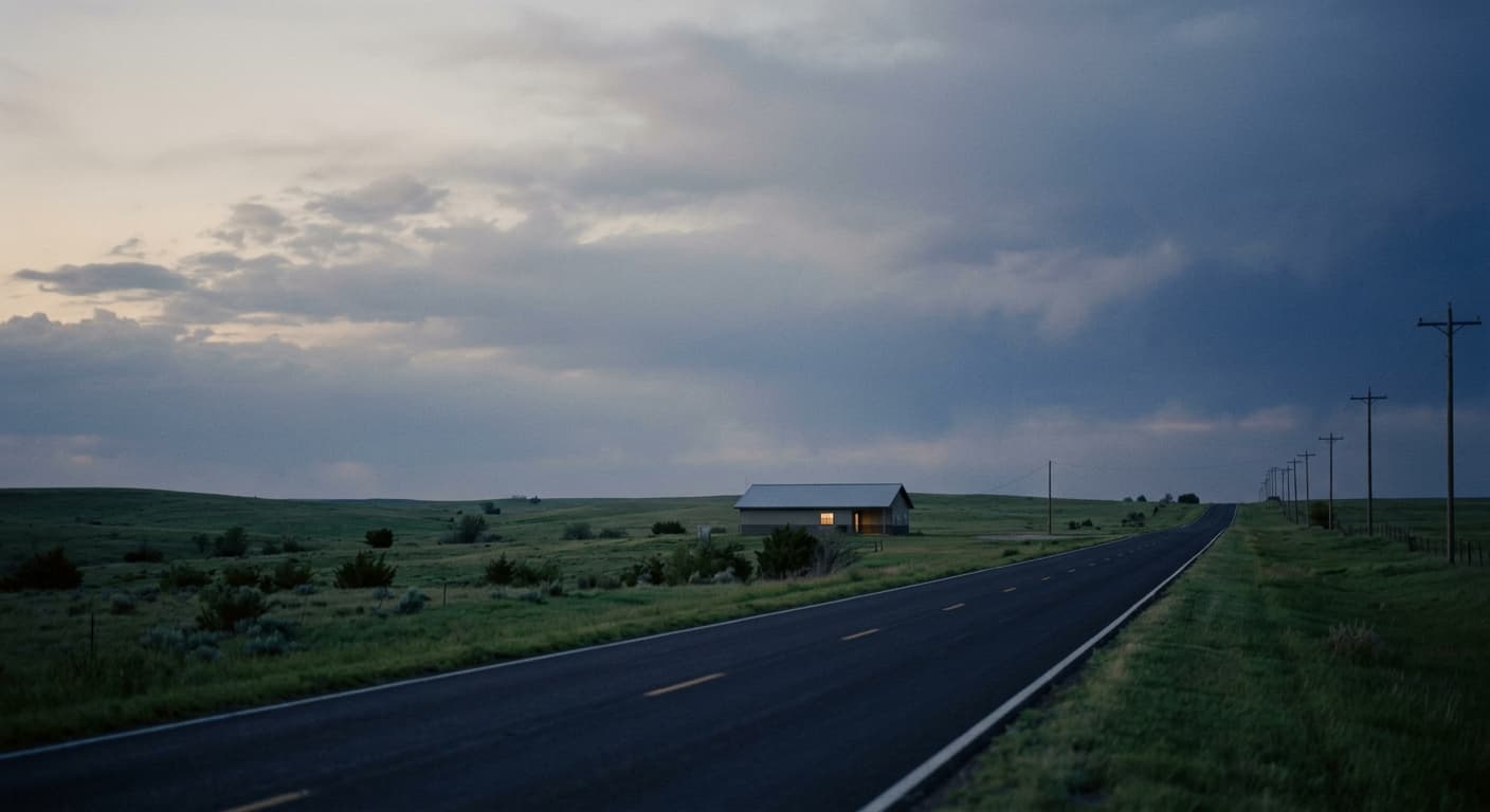 A rural two-lane road at dusk, receding toward a small clinic with one lit window